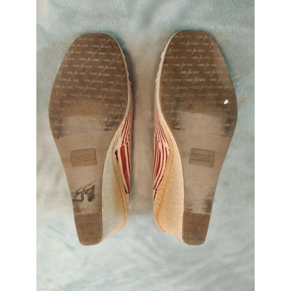TOMS 10M Red Stripe Peep Toe Wedge Espadrilles 3-3/8" Woven Jute Heel - Picture 7 of 7